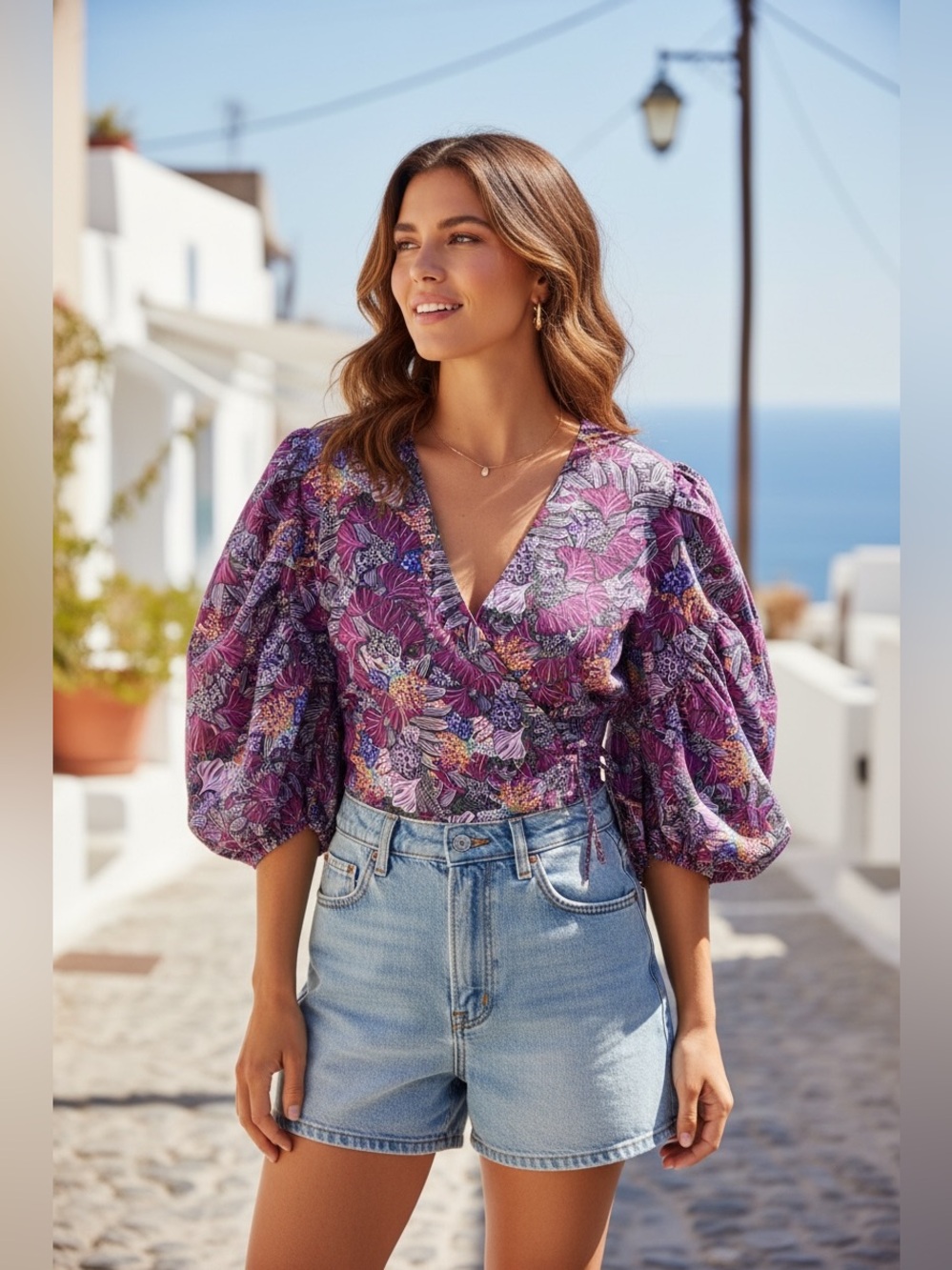Kika Vargas x Target Floral Wrap Peplum Blouse Purple Pink Balloon Sleeve Top